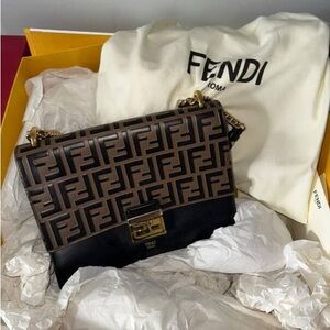 Fendi Kan I Authentic Designer Shoulder Bag -Brown Black Leather with gold chain